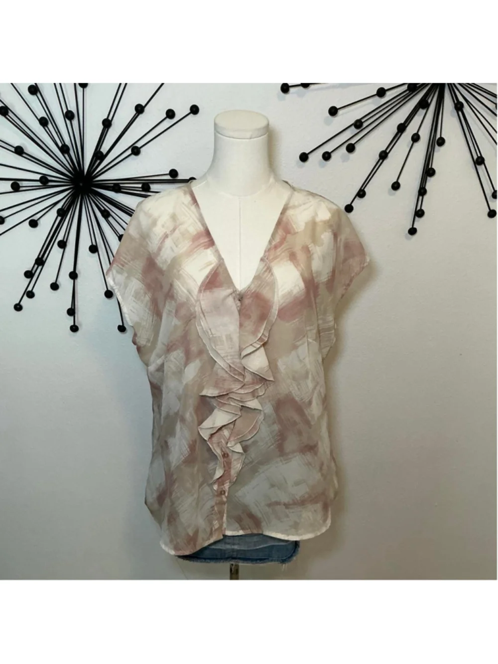 Relativity XL Sheer Ruffle Blouse Pink Beige Abstract Print Flutter Sleeve Top